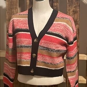 Bp sweater woman’s black mark stripe red brown cardigan button New size XXS